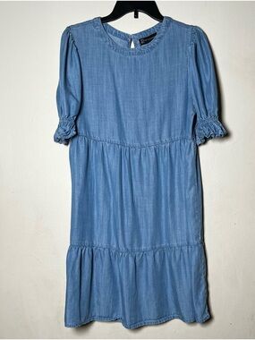 New York & Company Blue Chambray Tiered Midi Dress